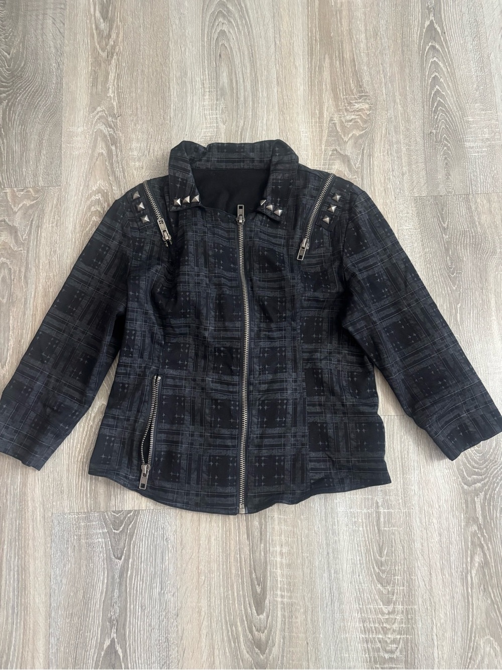Black Plaid Moto multi unique zipper Jacket with Stud Detail
